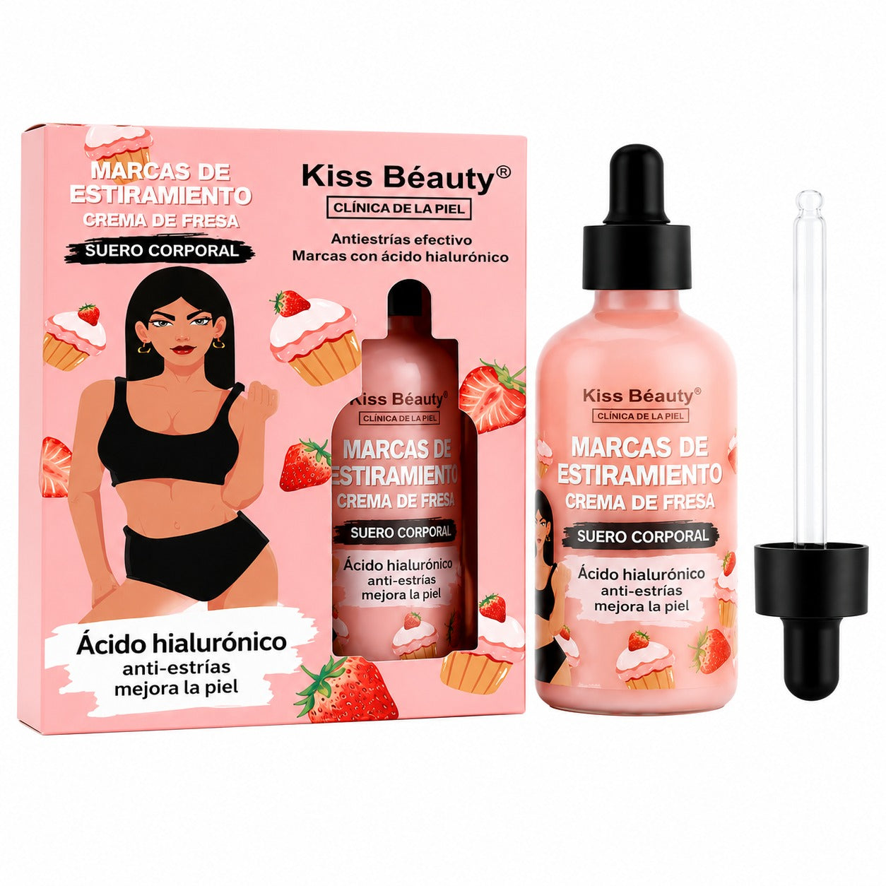 Sérum Corporal Anti‑Estrías Ácido Hialurónico y Fresas Kiss Beauty 100 ml – Suavidad, Elasticidad y Fragancia Dulce 🍓